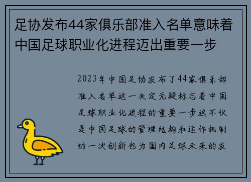 足协发布44家俱乐部准入名单意味着中国足球职业化进程迈出重要一步