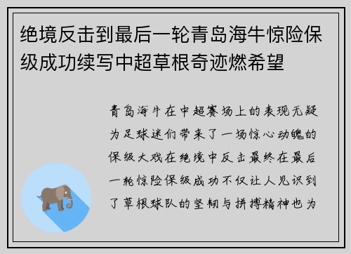 绝境反击到最后一轮青岛海牛惊险保级成功续写中超草根奇迹燃希望