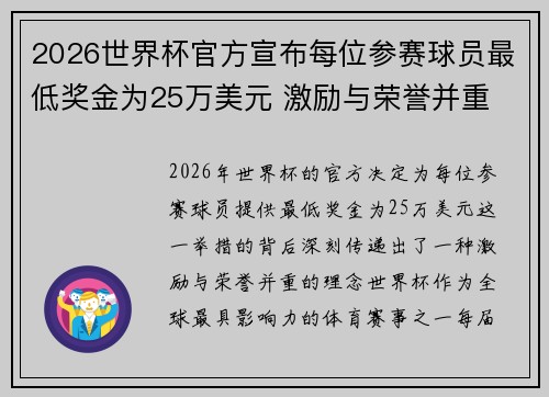 2026世界杯官方宣布每位参赛球员最低奖金为25万美元 激励与荣誉并重 2026世界杯官方宣布每位参赛球员最低奖金为25万美元 激励与荣誉并重